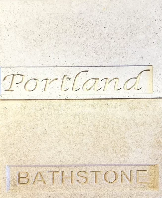 Stone samples with Portland and Bathstone engraved in separate sections using different typefaces.