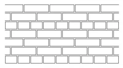 Line drawing of a brick wall with twelve rows of rectangular bricks stacked in an overlapping pattern.
