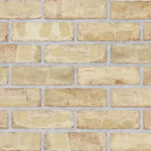 A wall built with beige and light brown bricks arranged horizontally, showcasing visible mortar lines.