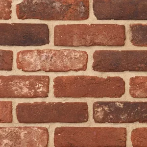 Red bricks shows uneven red and brown tones with light-coloured mortar between each brick.