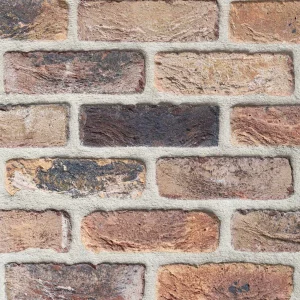 A close-up view of a Kempen Antique (C0186) brick wall featuring rough-textured, rectangular bricks in brown, red, and tan shades, separated by light grey mortar.