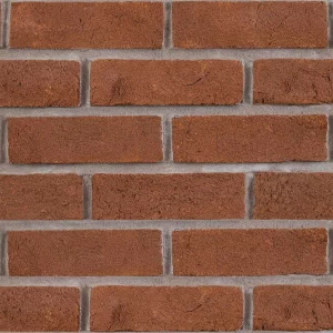 A red brick featuring evenly spaced rectangular bricks and visible horizontal and vertical mortar lines.