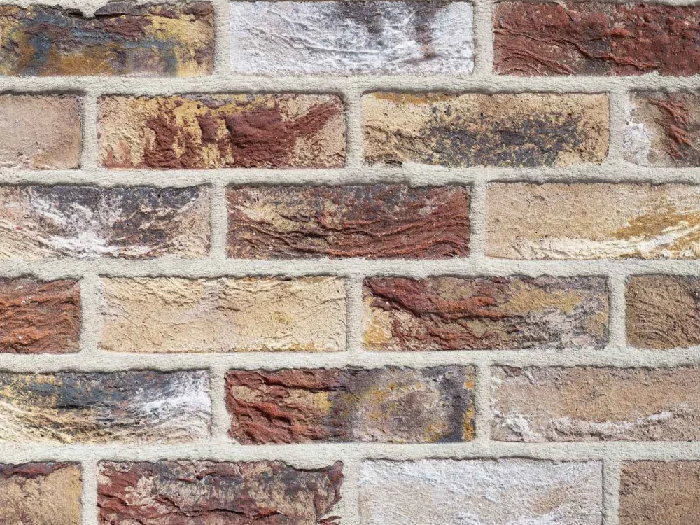 Close up of a multi brick wall, featuring rough textures and visible mortar lines in shades of red, brown, grey, and tan.