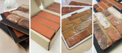 Four panels showing different types of thin brick slip samples: stacked, in a box, displayed on boards, and close-up views of the textures and colours of each brick sample.