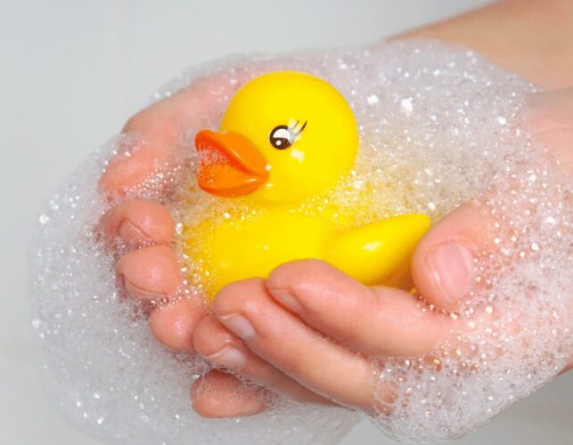 Rubber duck in a bubble bath