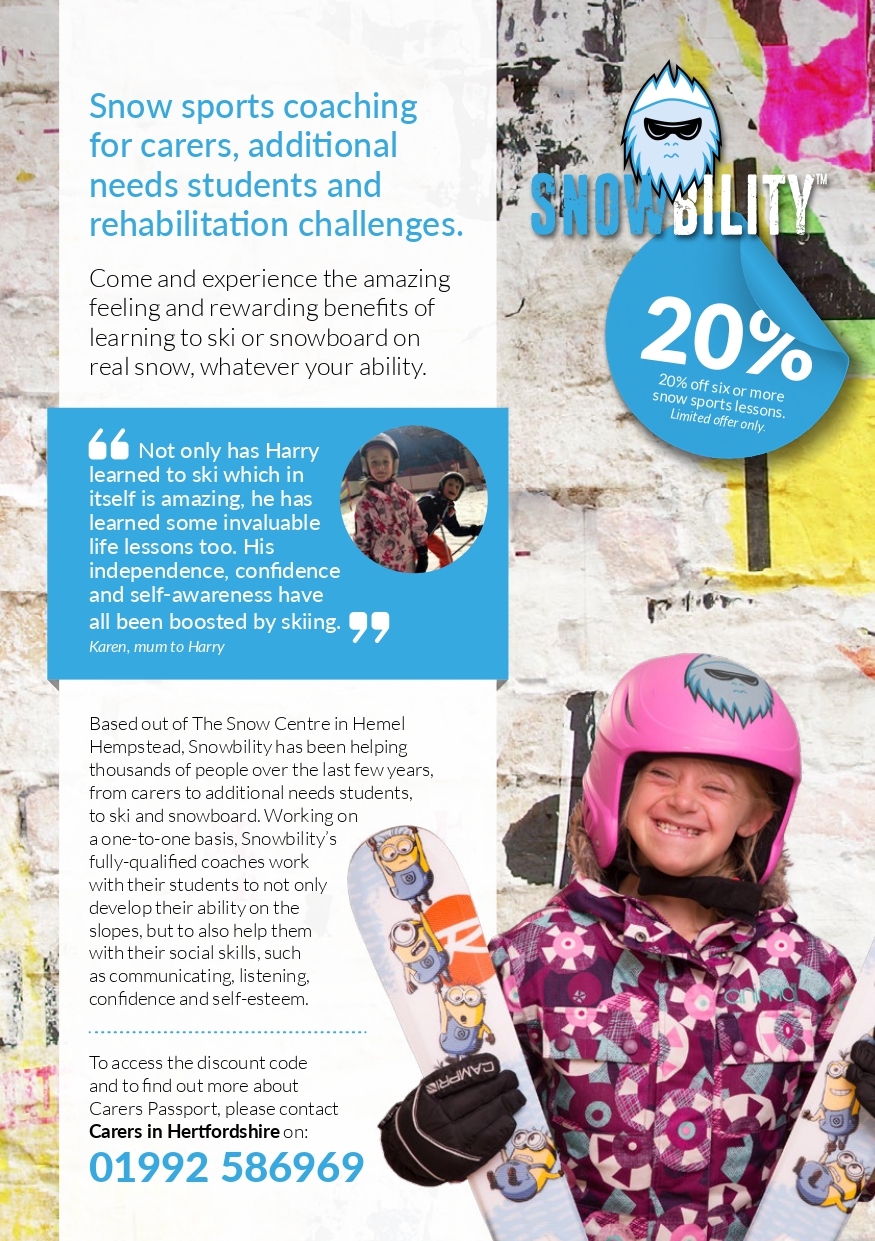 Get 20% off six or more snow sports lessons with your Carers Passport discount card!